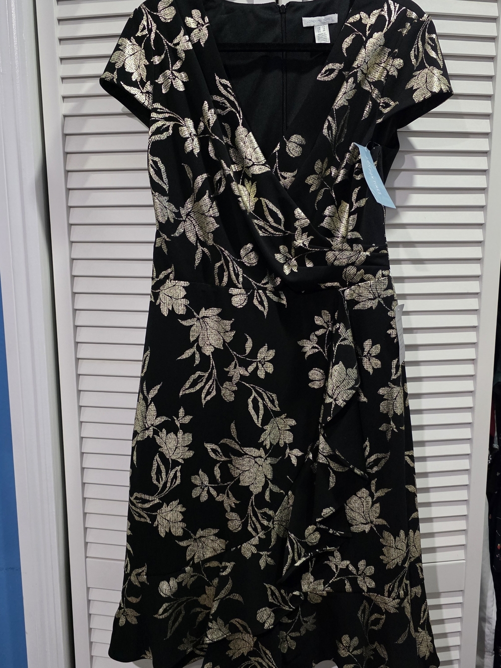 London Times Black Dress with Gold Floral Metallic Print